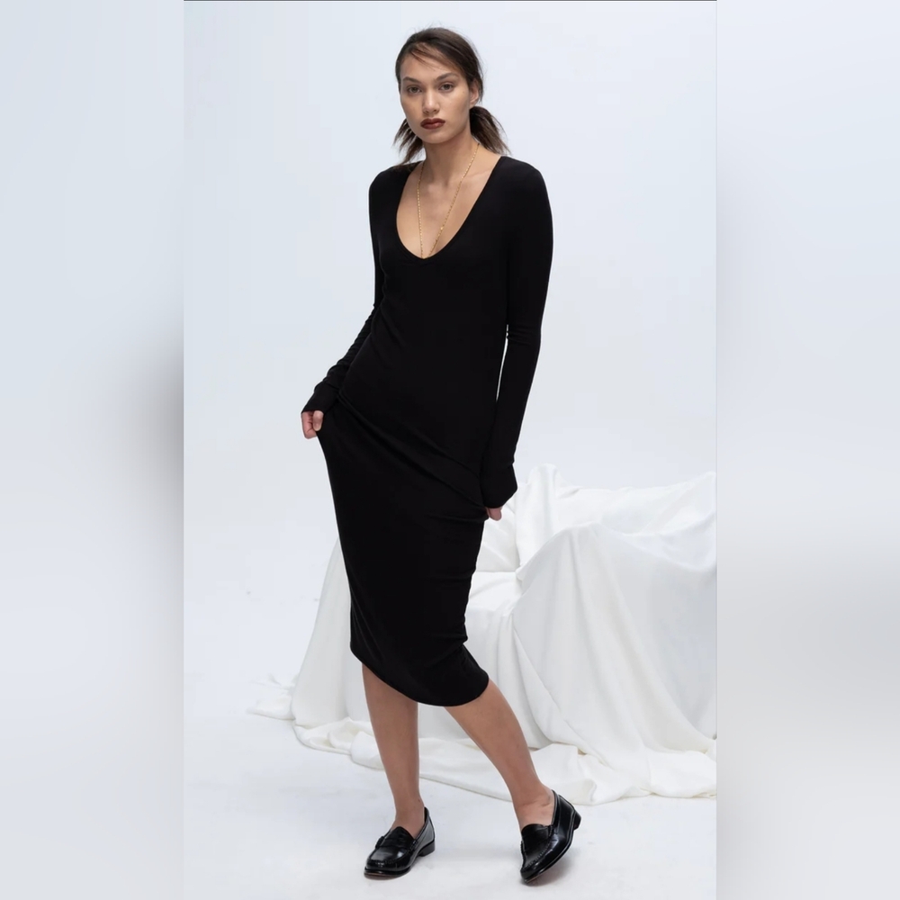 ATM Modal Rib Long Sleeve Deep V-neck Midi Dress Size Large